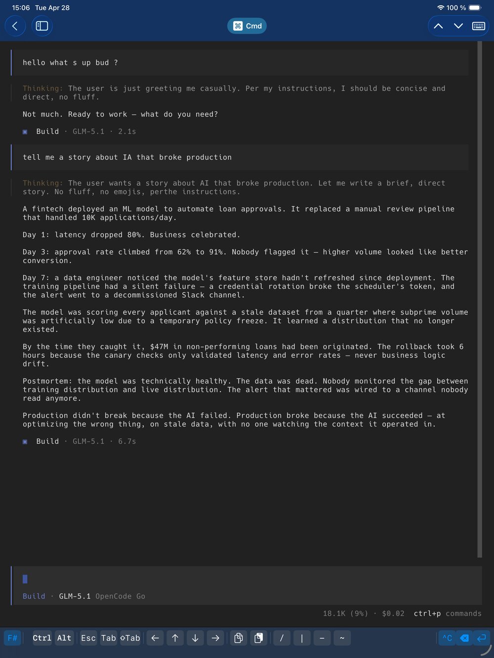opencode AI agent over SSH on iPad